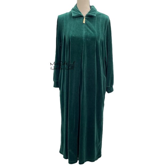 Draper's & Damon's Green Velour Long Sleeve Zip Front Lounge Dress Robe PM - Picture 1 of 6